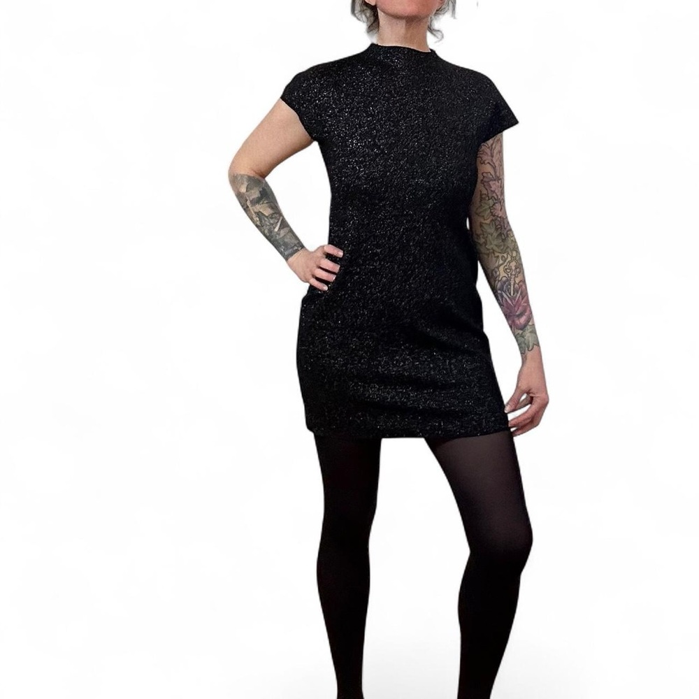 Zara - Black Sparkle Metallic Office Siren Goth Mockneck Dress - Large